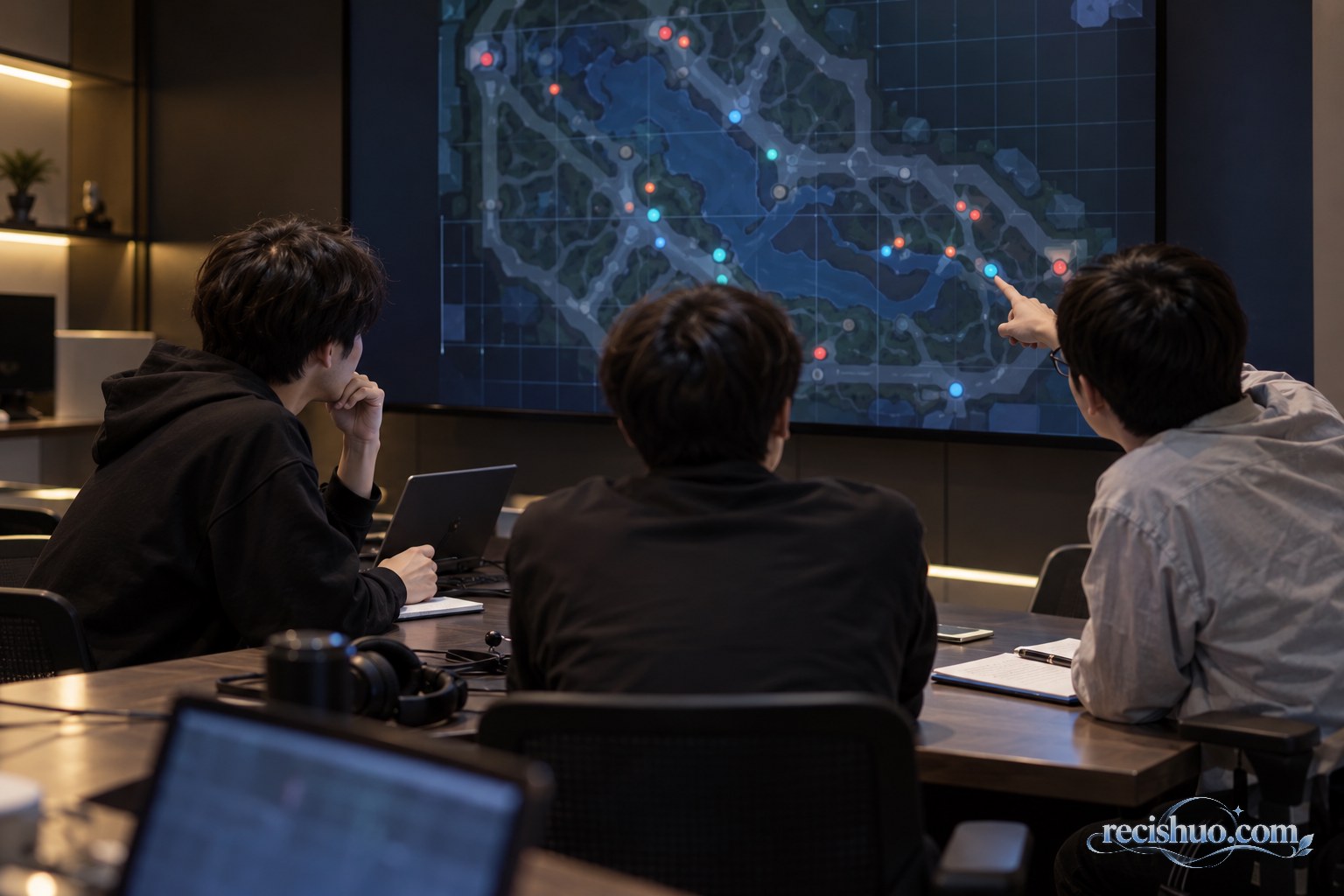 三名电竞分析人员在复盘室研究抽象比赛地图与行动路线