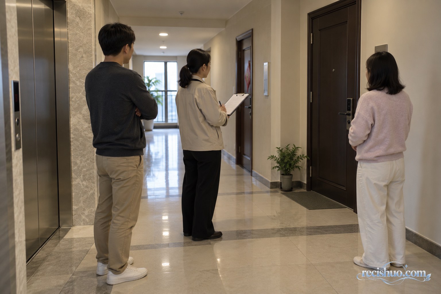 邻居与物业工作人员在住宅走廊保持距离沟通的情景示意图