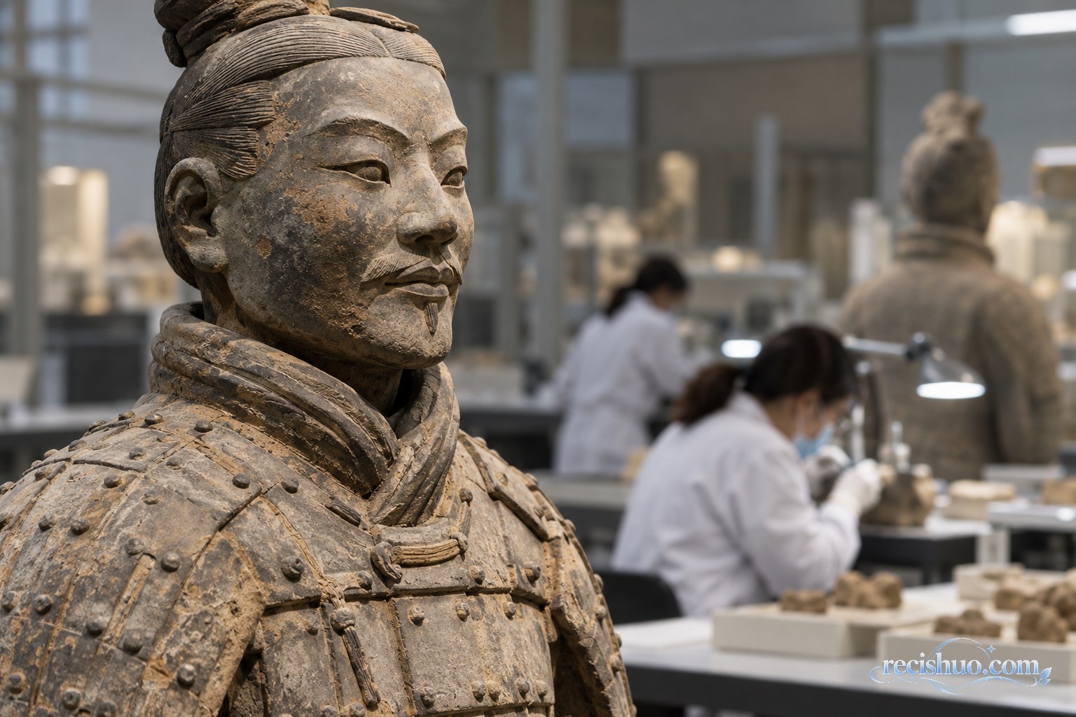 文物研究空间内的秦兵马俑与正在工作的研究人员