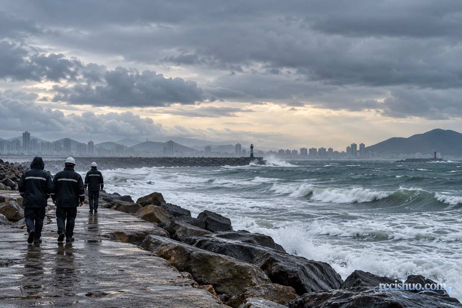 风雨中的沿海防波堤旁,防汛人员面向仍有涌浪的海面巡查