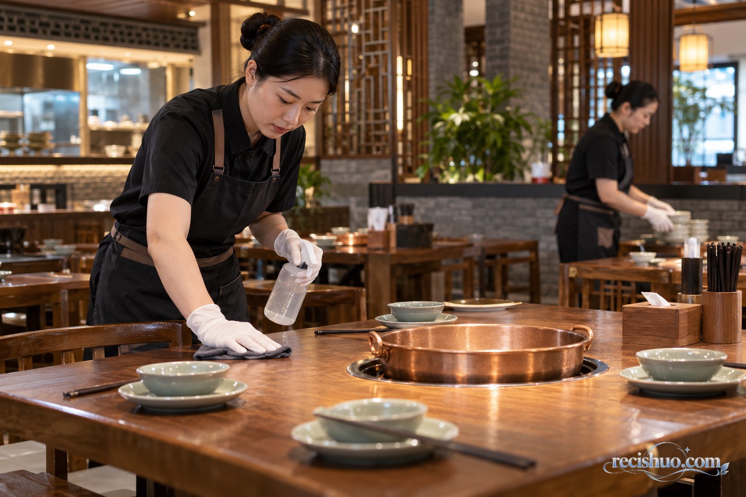 火锅门店成年员工对餐桌和锅具进行清洁检查