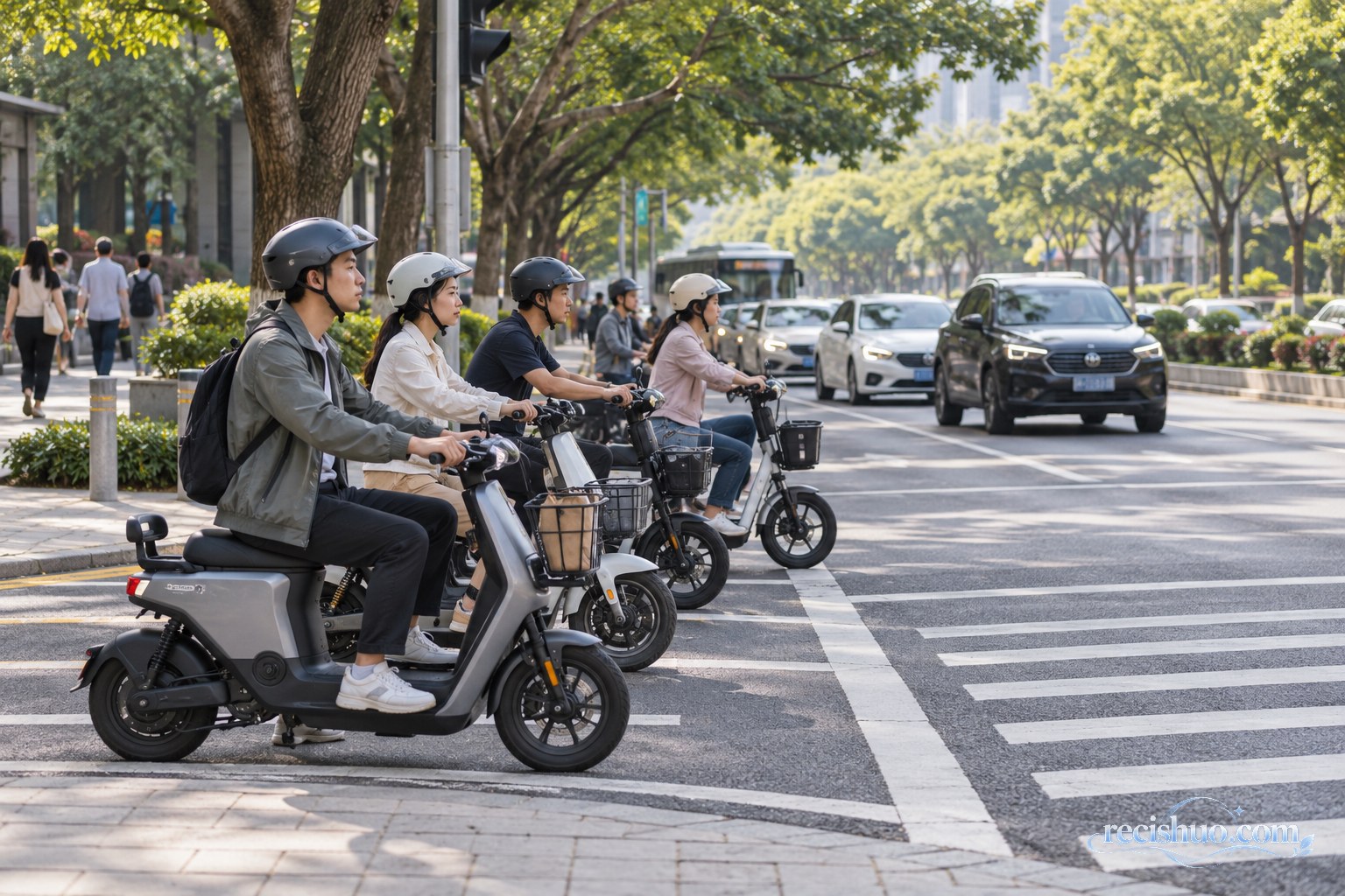 林荫道路口的电动自行车骑行者在停止线后规范等候