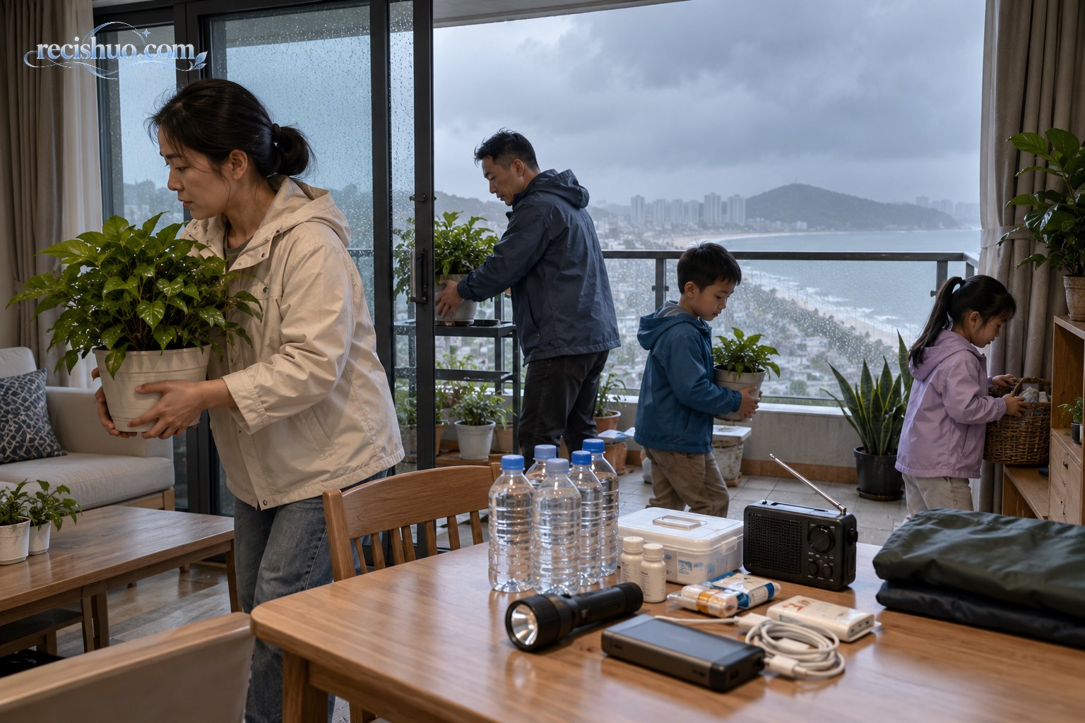 沿海家庭在风雨来临前收回盆栽并整理应急物资