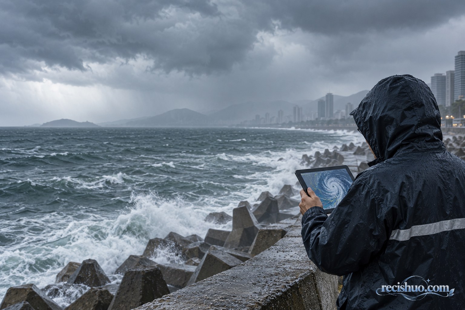阴雨海岸边，一名穿雨衣的观察者查看台风路径画面