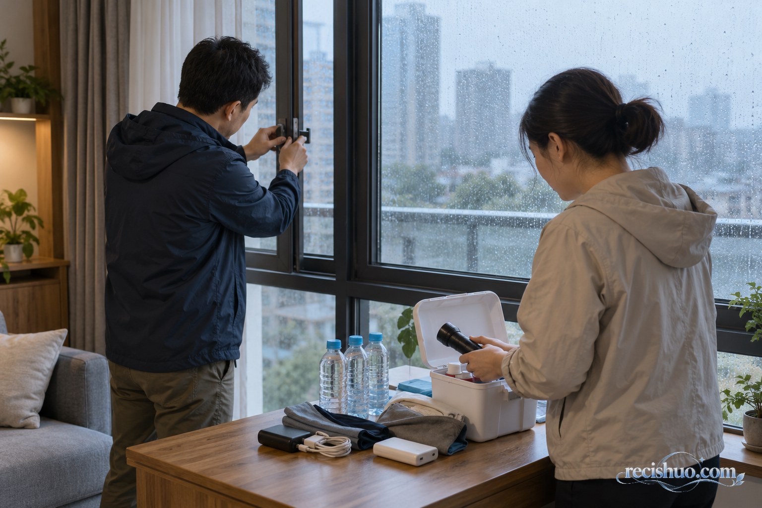 居民在雨天检查窗户锁扣并整理饮用水、手电筒和充电设备