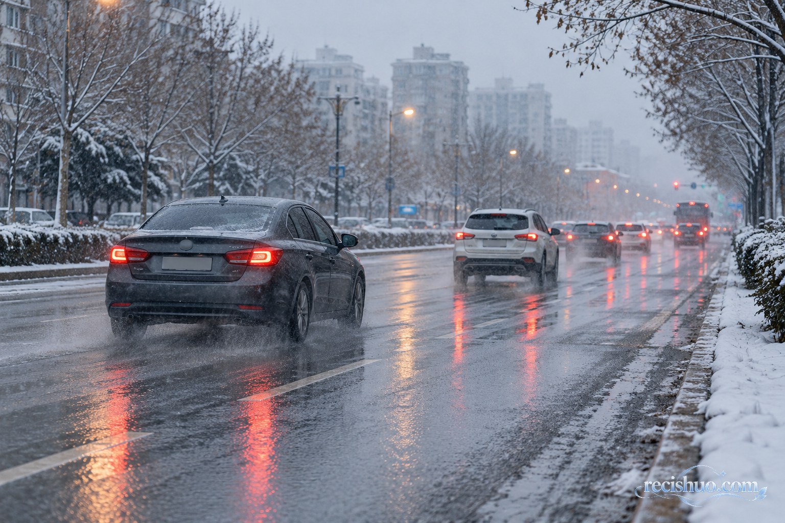 雨夹雪中的城市道路湿滑反光,多辆汽车降低速度并保持行车距离