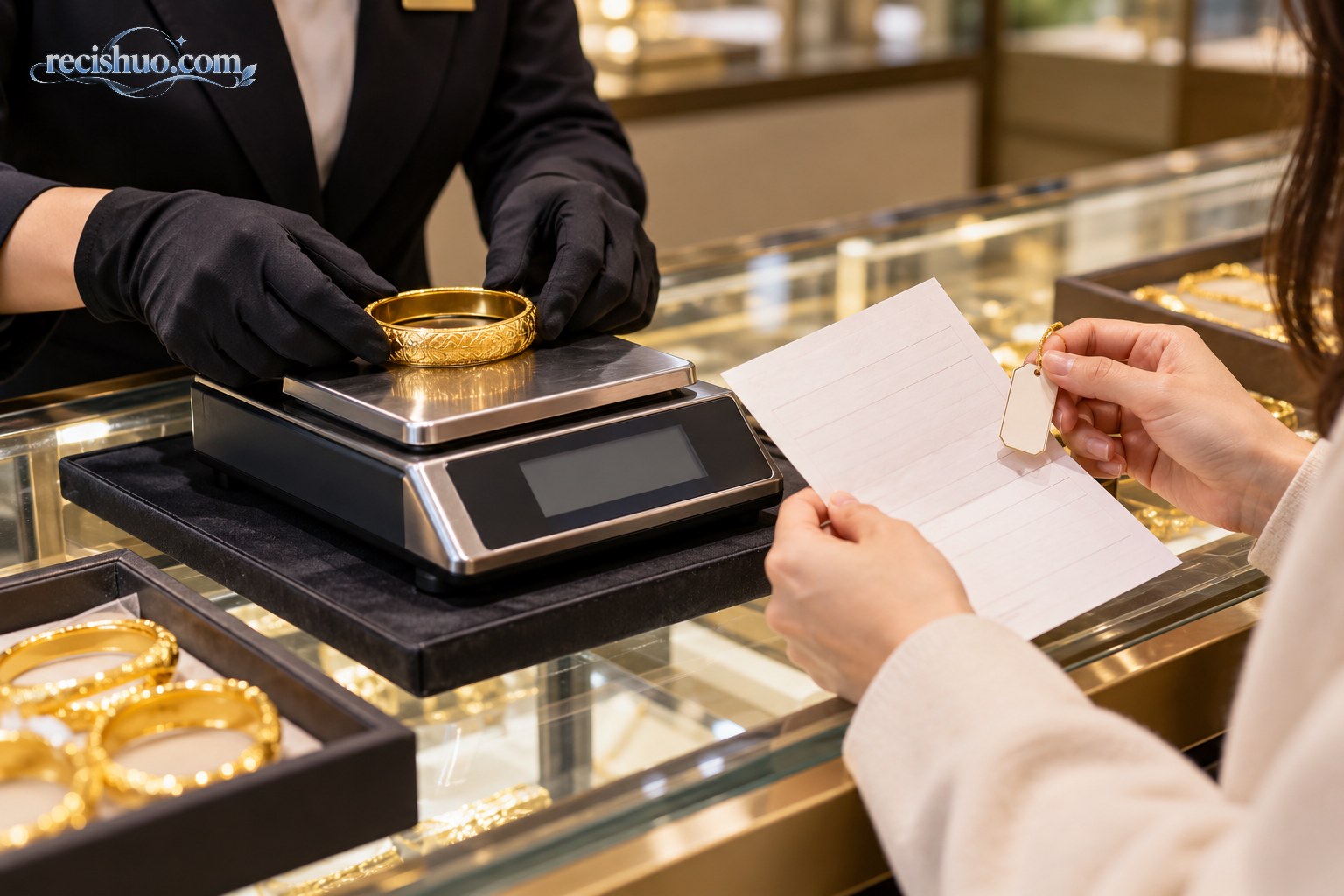 珠宝柜台内，店员称量金手镯，顾客核对销售单和饰品标签