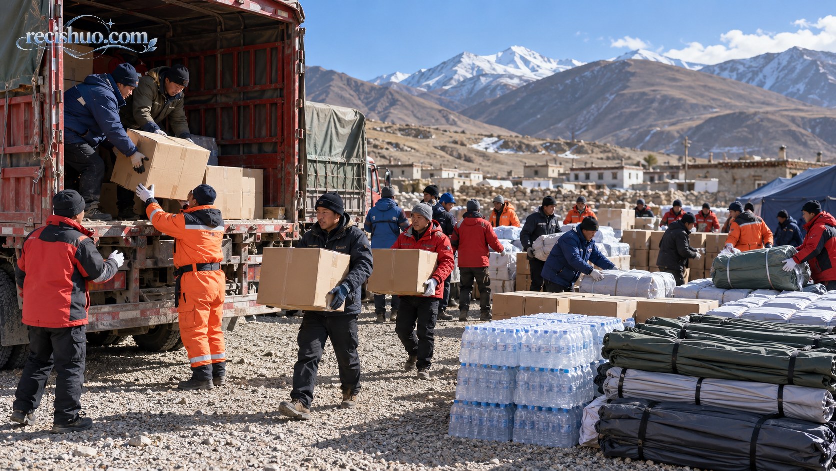 高原地震灾区物资集散点工作人员接力卸载救灾物资