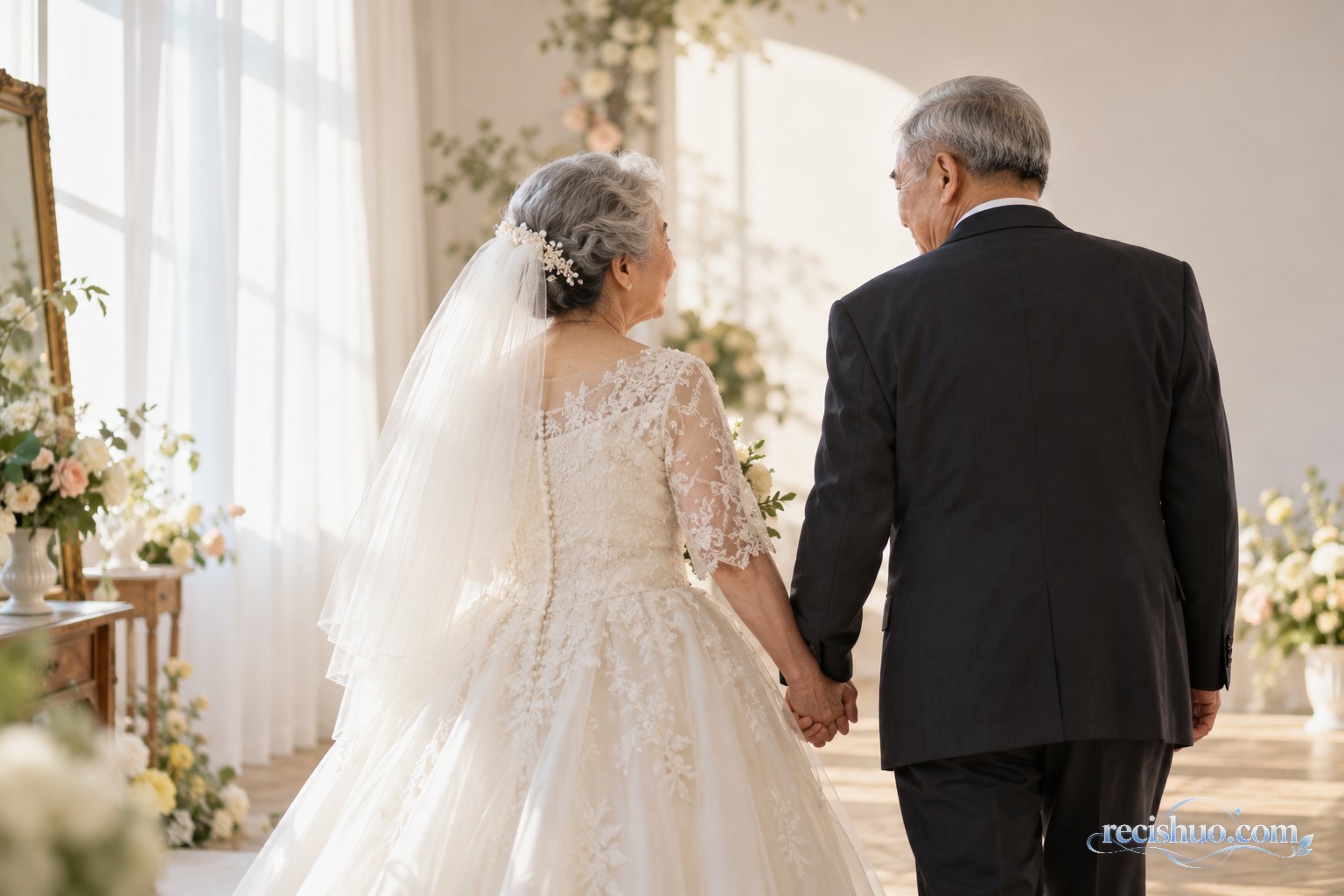 一对银发老夫妻身着婚纱与西装,在柔和窗光下牵手而立的背影