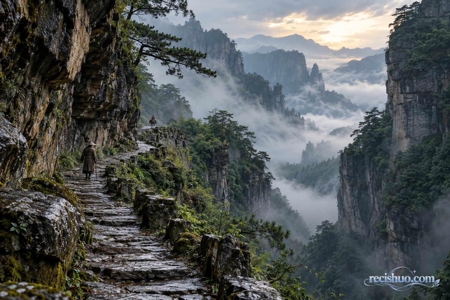 晨雾中的蜀道沿峭壁延伸,两名古装旅人行走在湿润石阶上