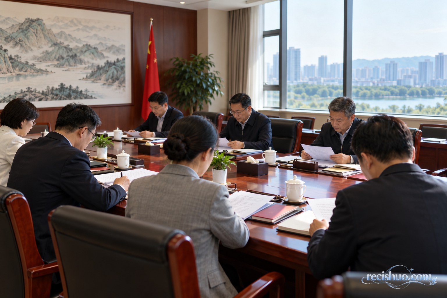 党员干部在会议室共同研读文件并讨论工作的场景