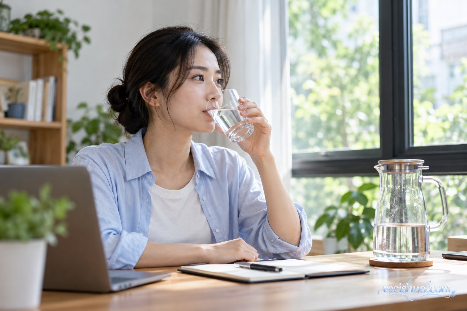 窗边书桌前,一名年轻人用普通水杯小口饮水