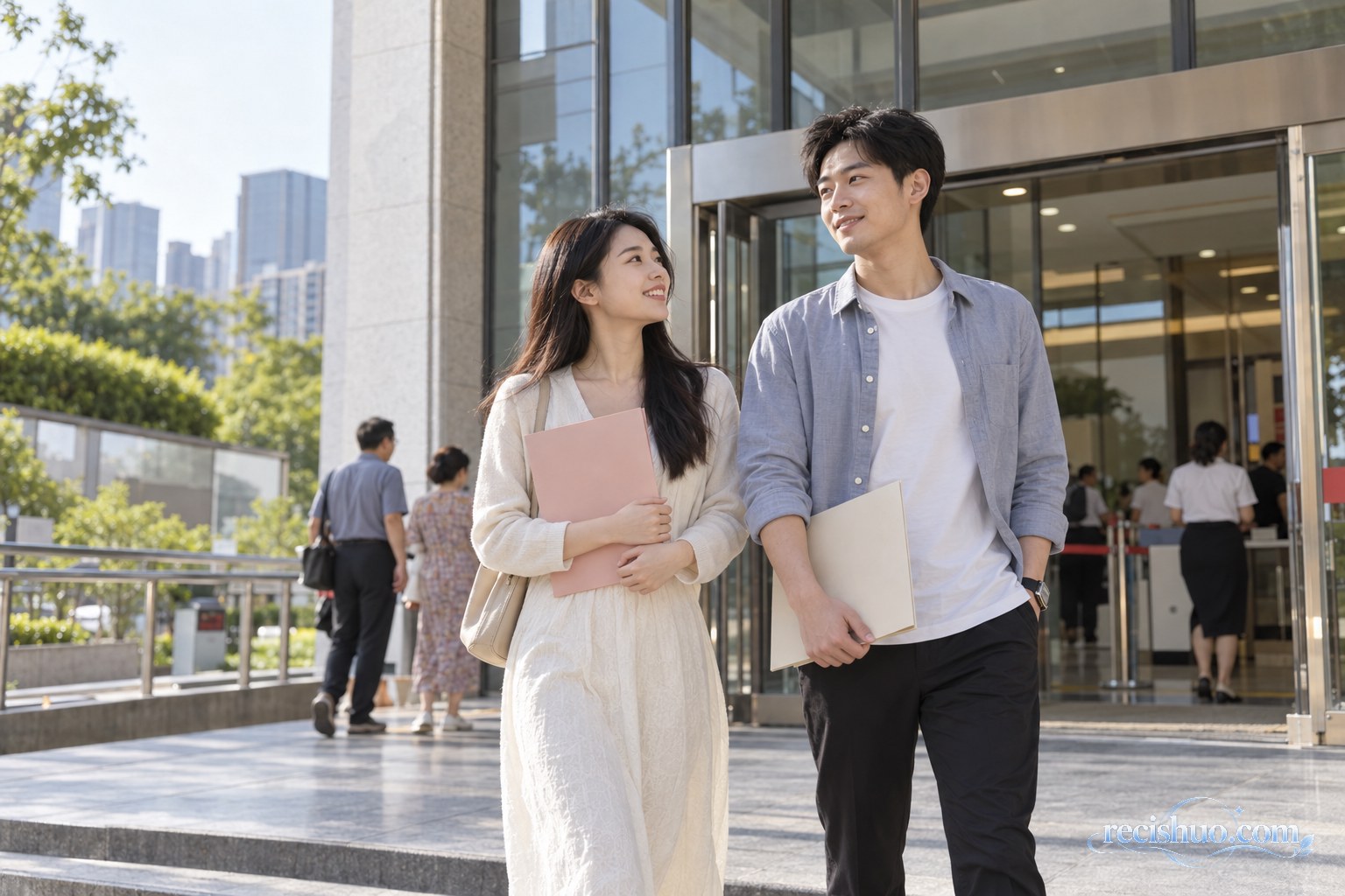 一对年轻伴侣从现代婚姻登记服务场所并肩走出