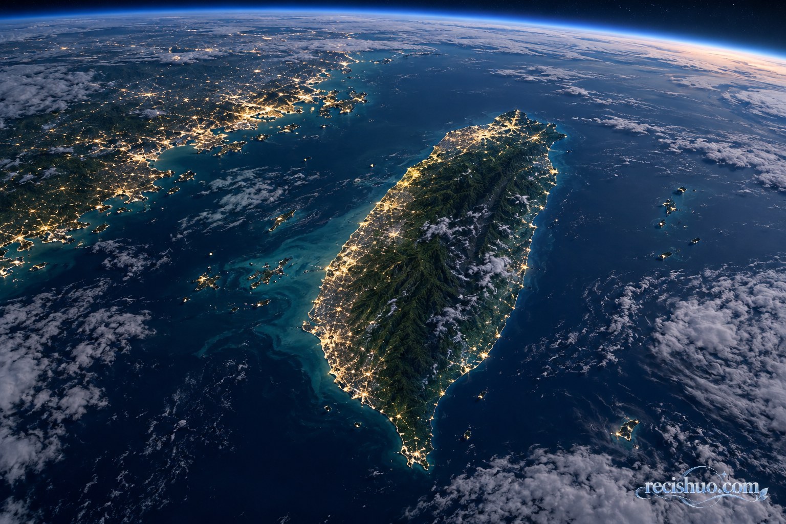 黎明前从太空俯瞰台湾岛及周边海域的宽幅景象