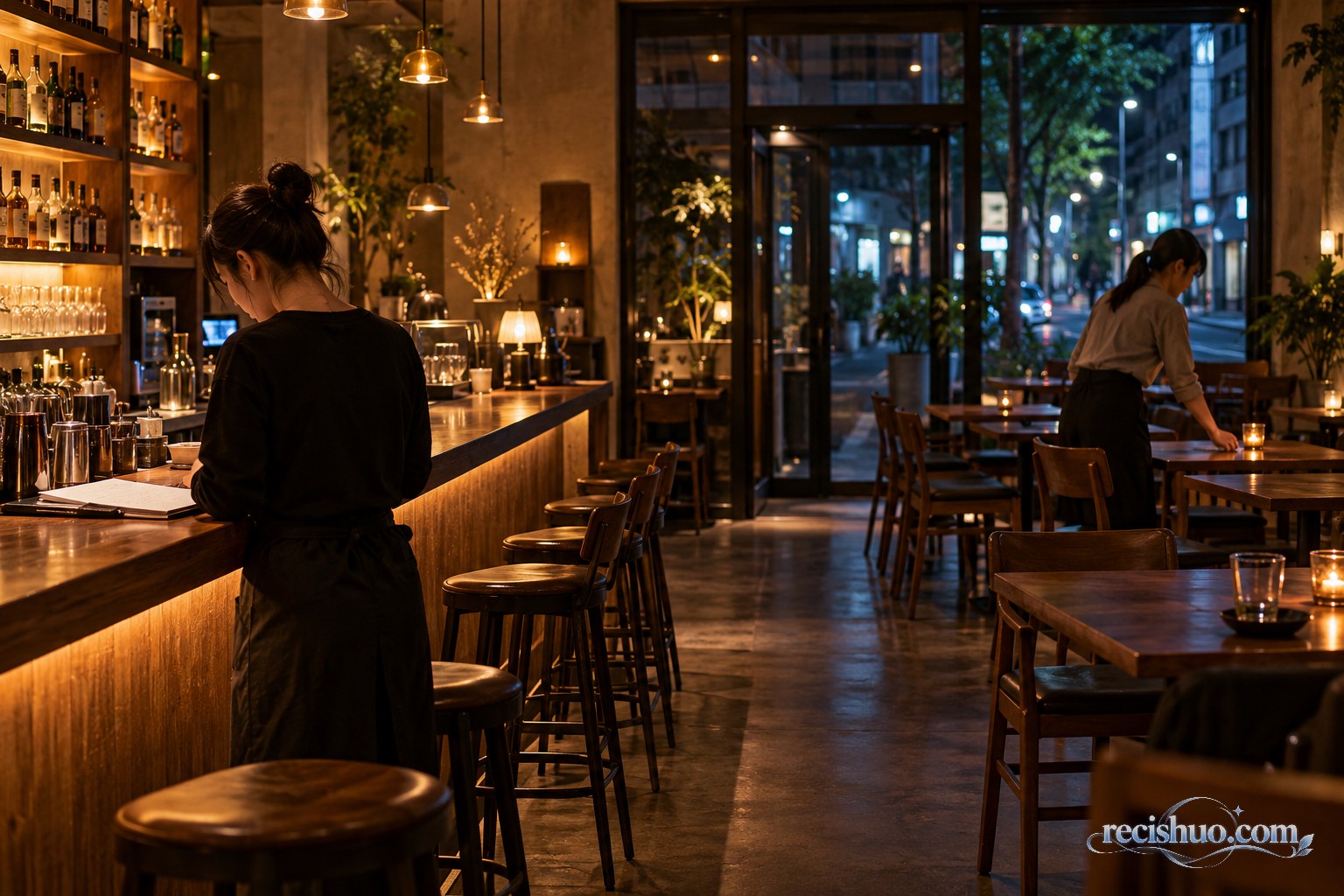夜晚客流稀少的酒吧内，两位女性经营者分别核对账目和整理空桌