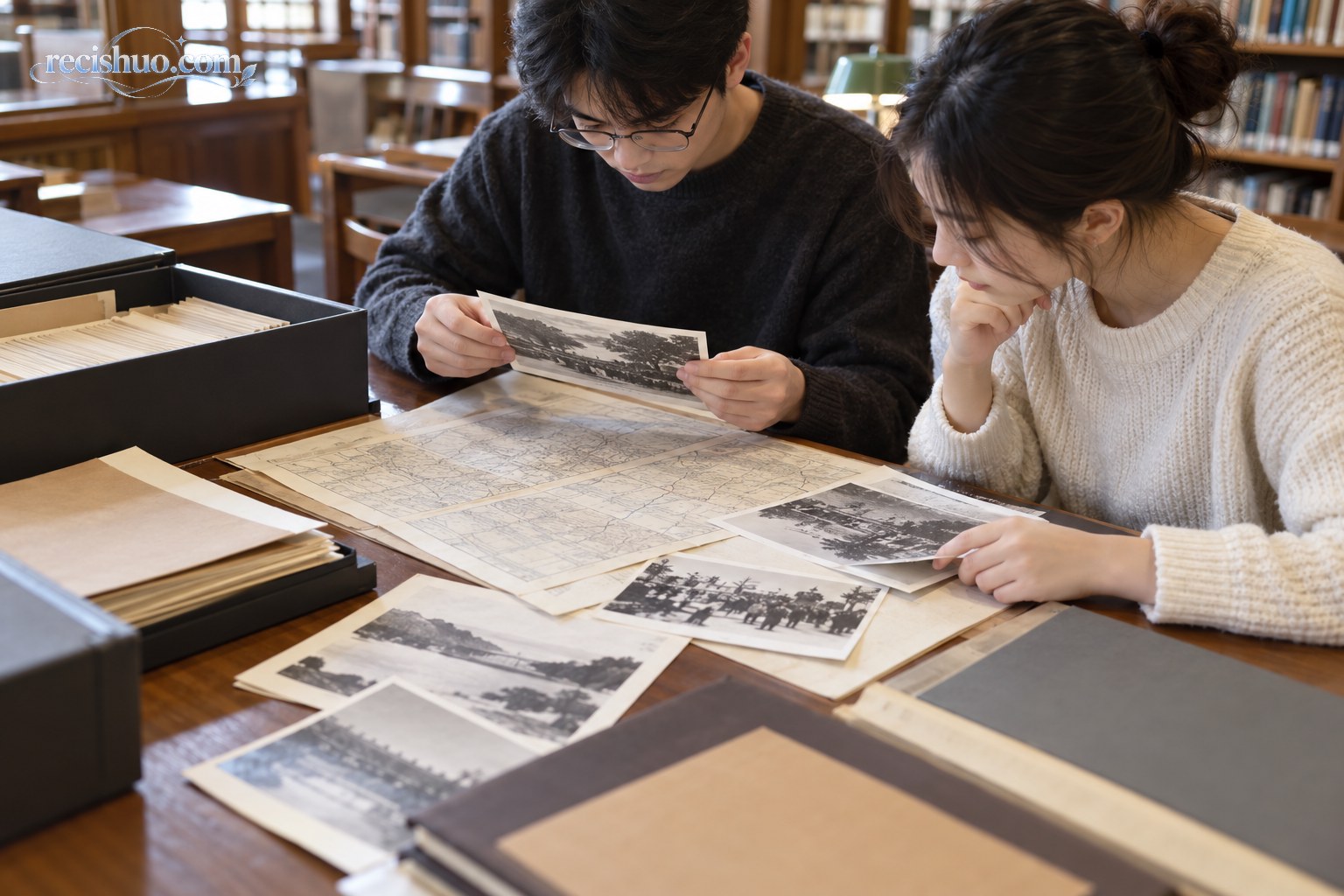 两名青年在图书馆查阅老照片、地图与历史档案