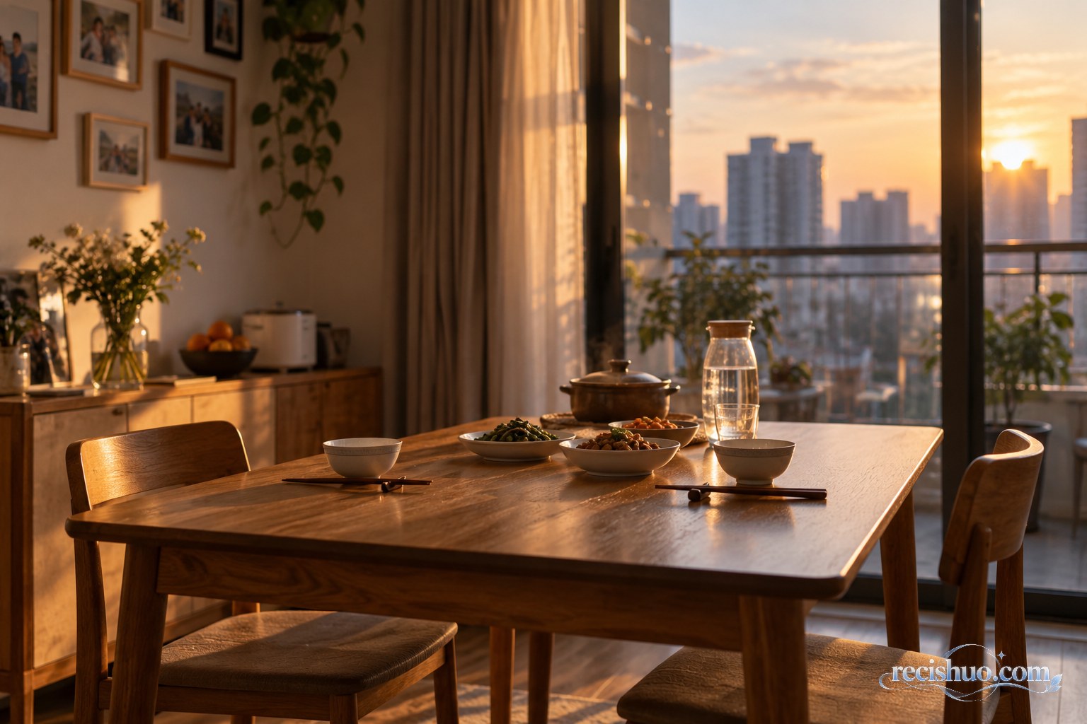 夕阳照进城市住宅餐厅，四人餐桌上摆着两副碗筷