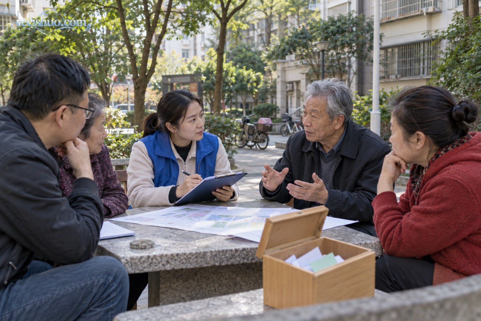 社区工作者在居民院落听取群众意见，体现治理成效需要接受实践和群众检验