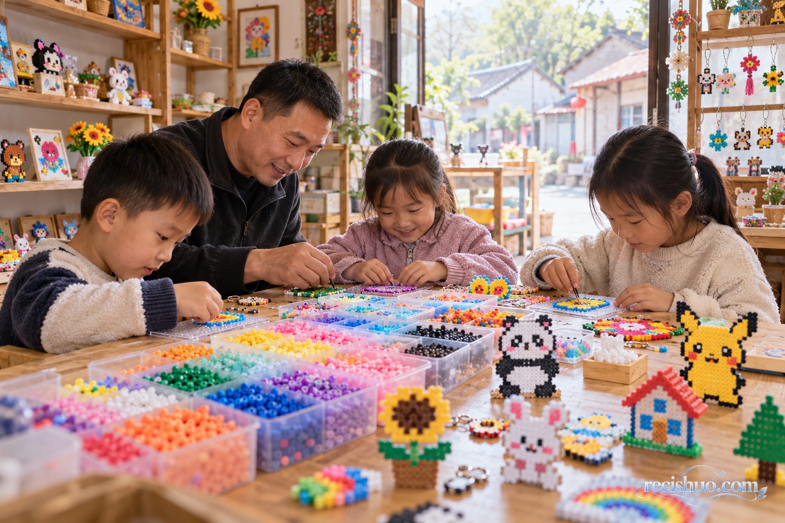 乡村拼豆小店内,店主陪伴孩子们围坐木桌制作彩色拼豆作品