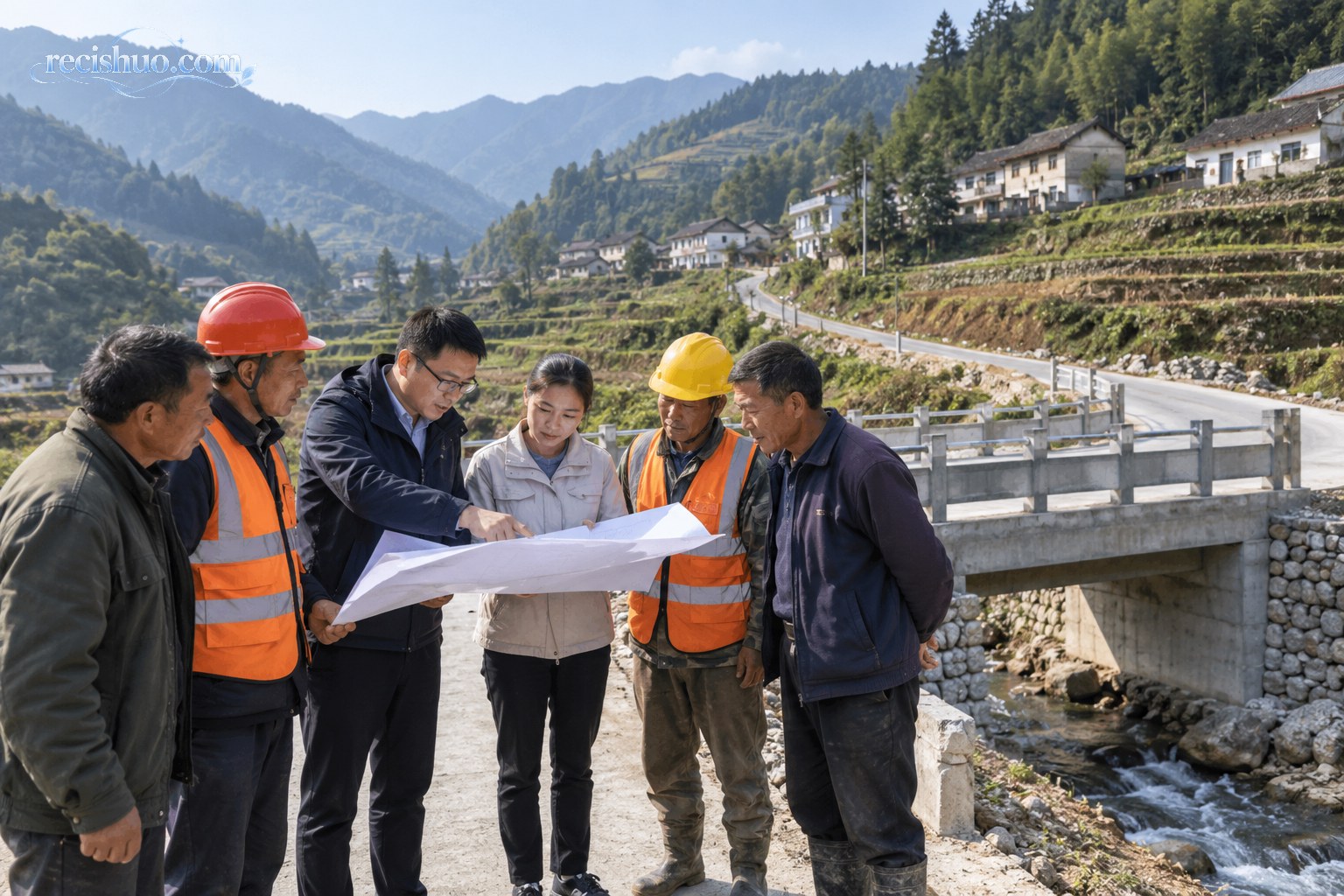 工程人员与村民代表在山区道路和桥梁旁共同研究建设方案