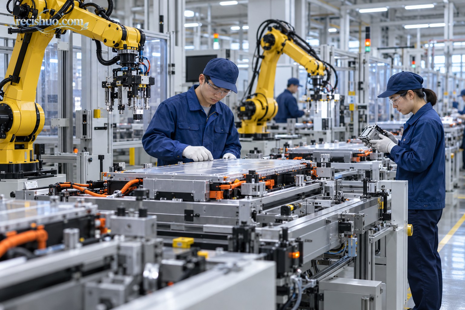 自动化生产线上技术人员正在检查新能源设备部件