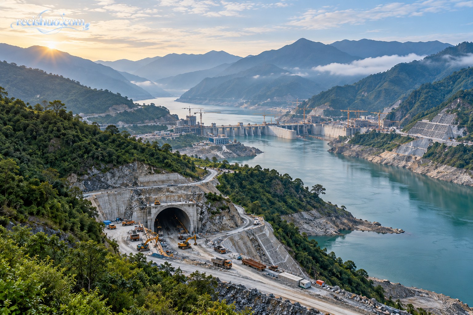 群山与江河之间的大型水利枢纽和隧洞施工入口全景