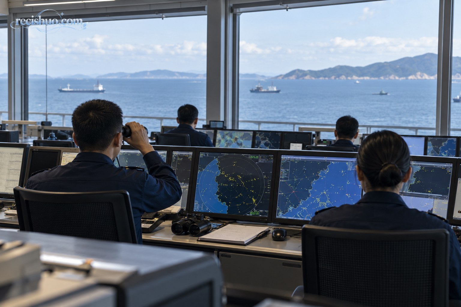 临海监测大厅内，工作人员通过设备持续观察海上动态