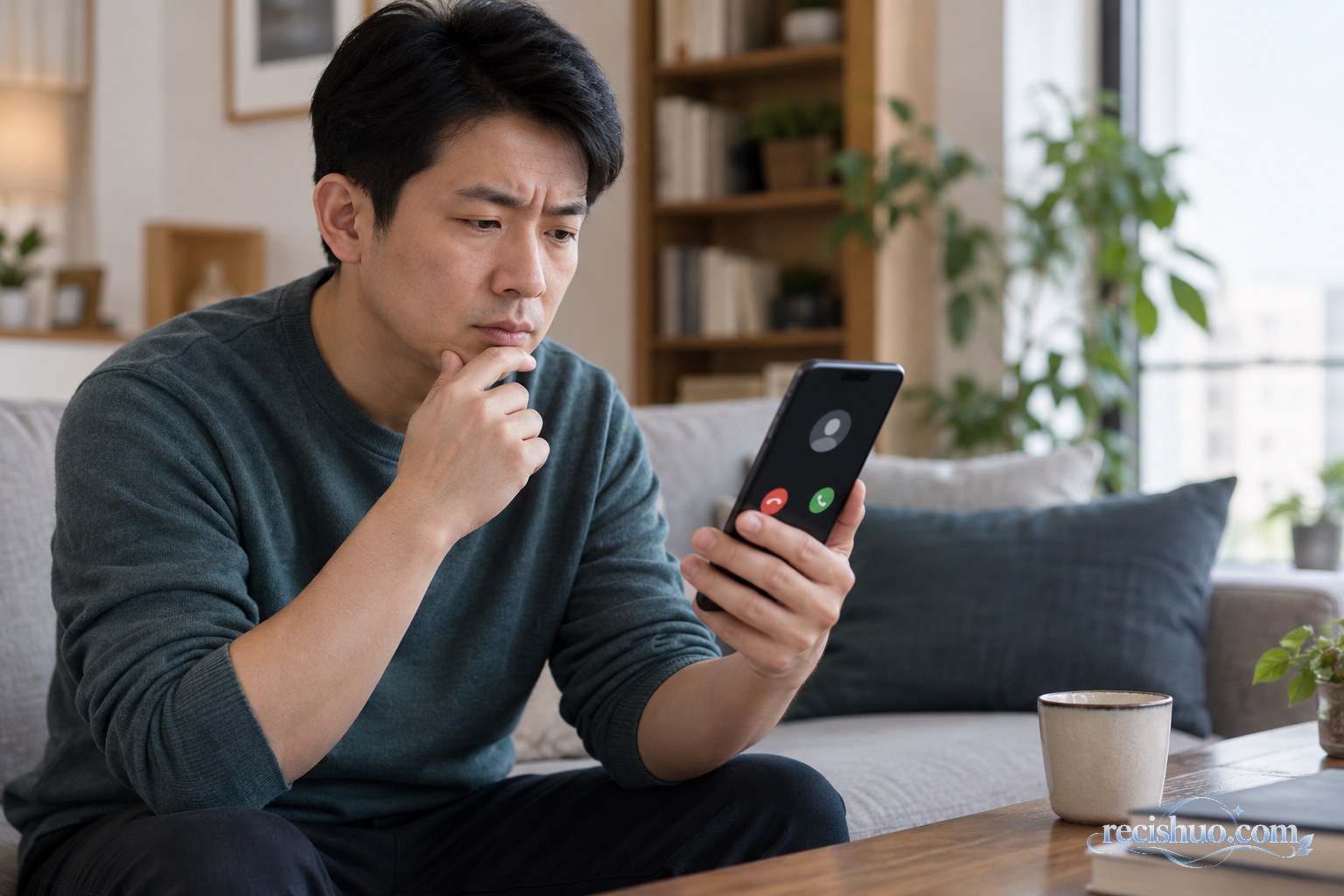 男子在家中谨慎查看手机上的陌生来电