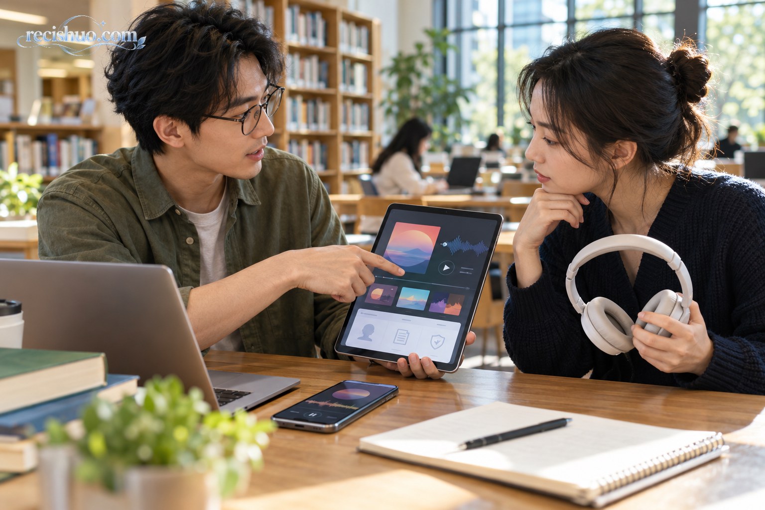 两位听众在图书馆查看音乐页面并讨论作品信息