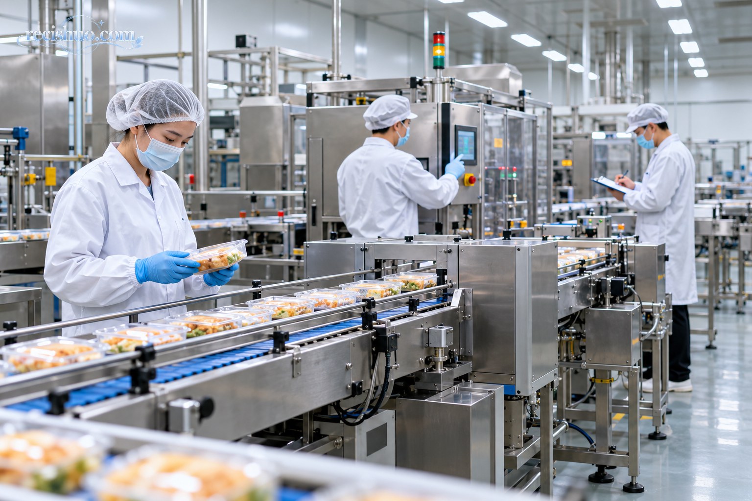 食品包装车间内员工与自动化设备协同作业