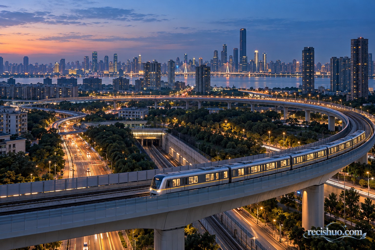 蓝调时刻的现代城市轨道列车沿弧形高架穿行,远处江面与城市灯光相映