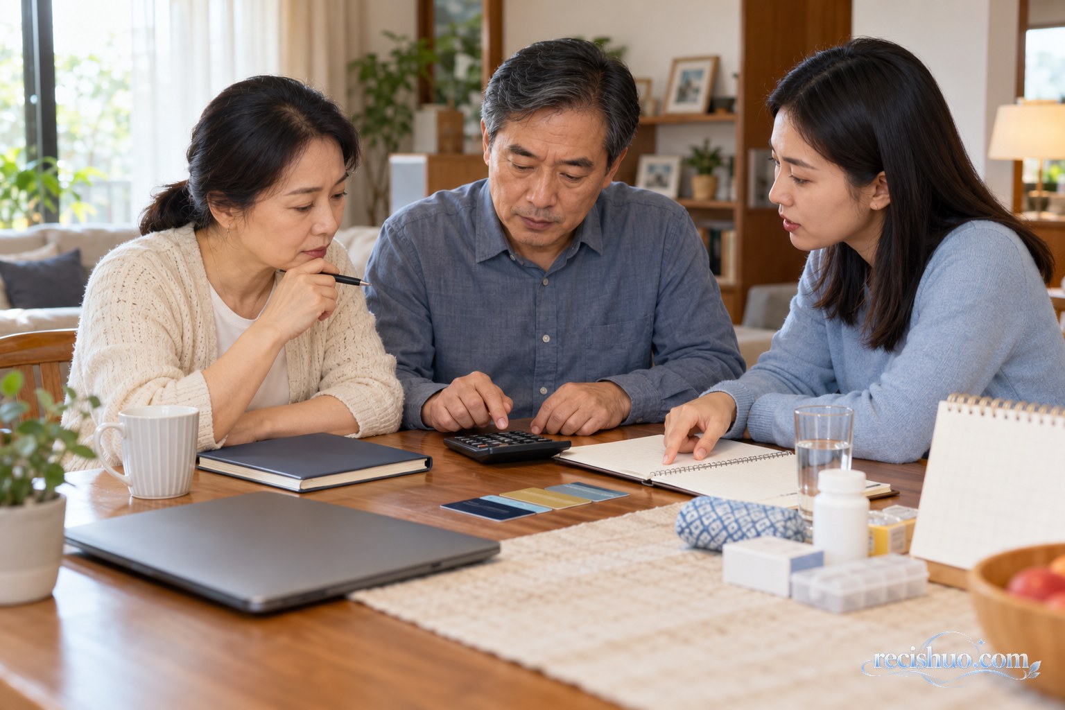 一家三口在家中整理养老财务与保障安排
