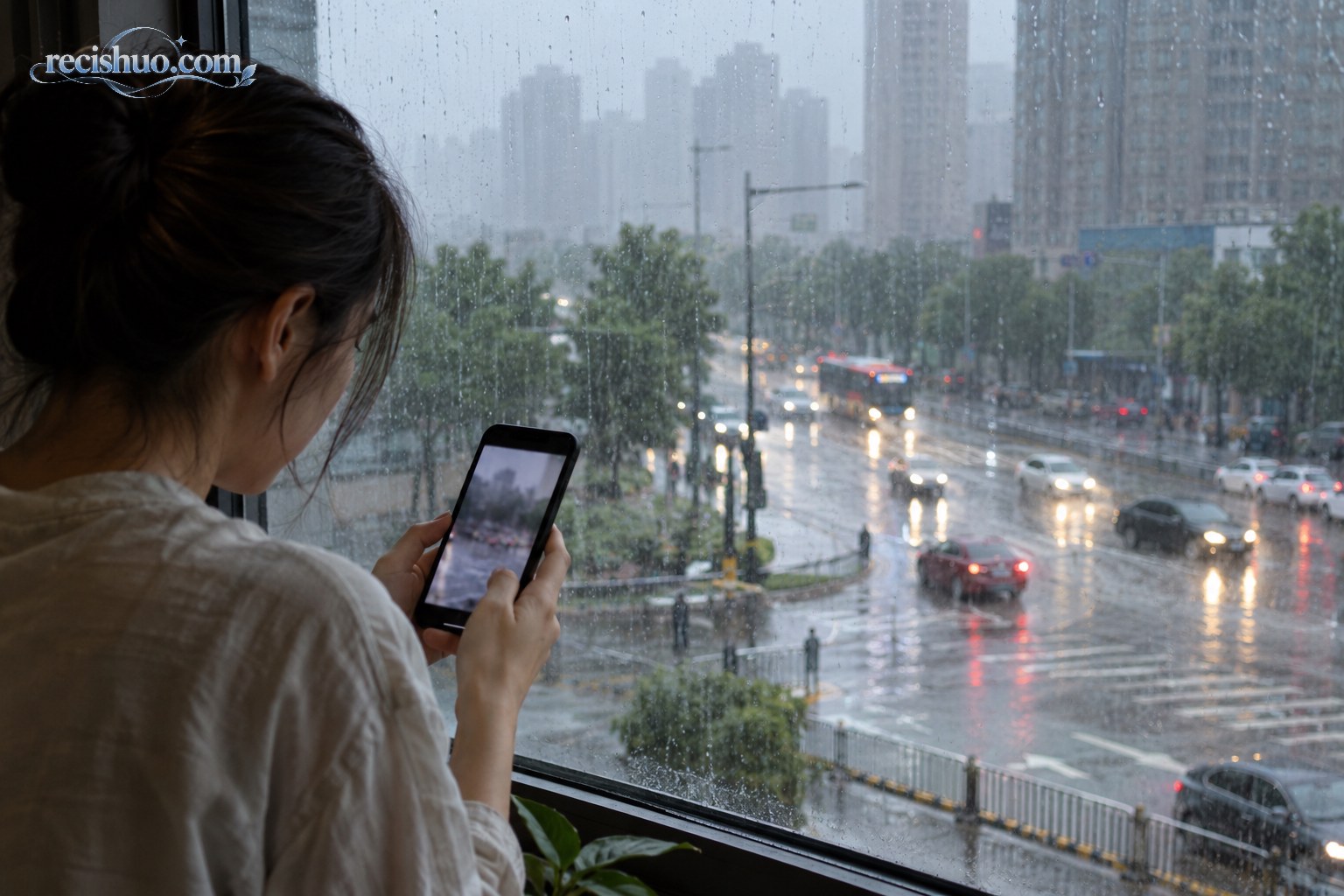 市民在雨天窗边查看手机中的城市降雨画面