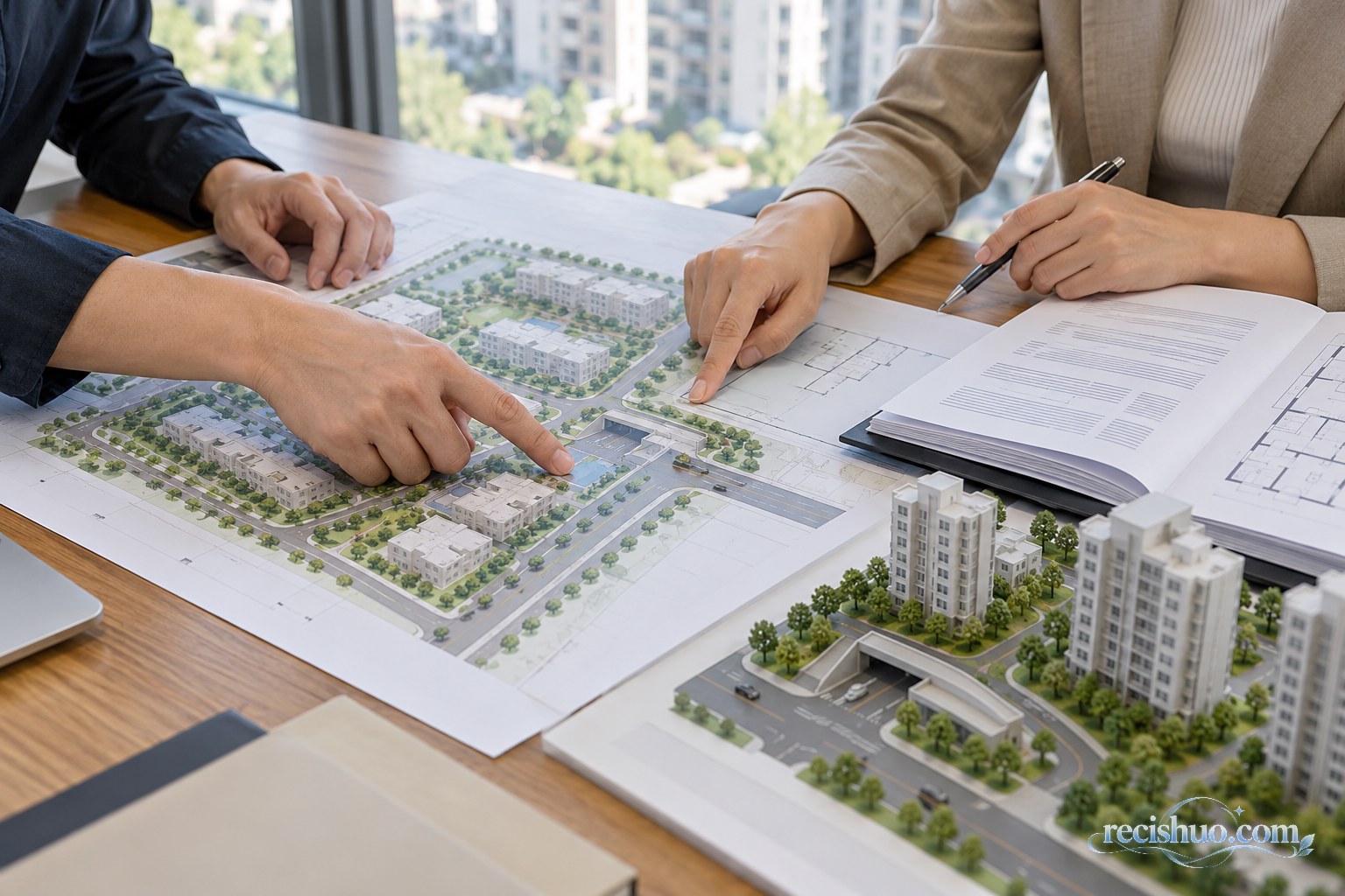 购房者在桌前核对住宅规划图纸和合同文件