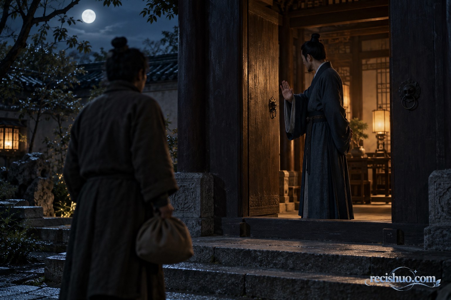 月夜院门前,一人以平静手势谢绝携带包裹的来访者,象征独处时仍守住边界