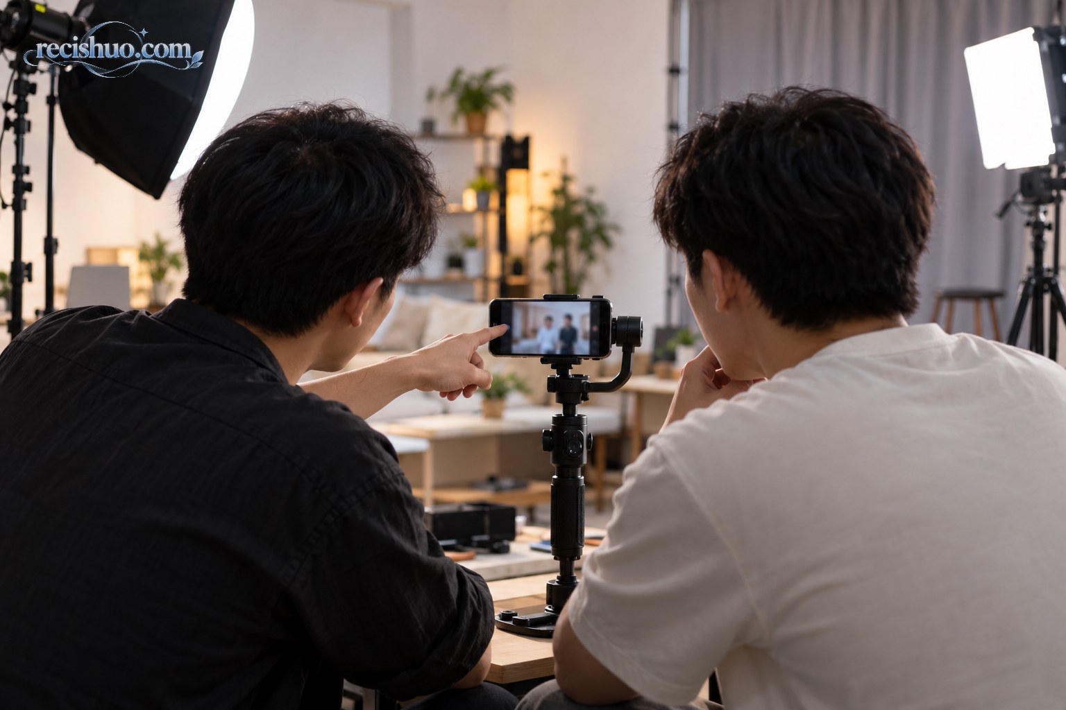 两位创作者在短视频工作室查看手机拍摄回放