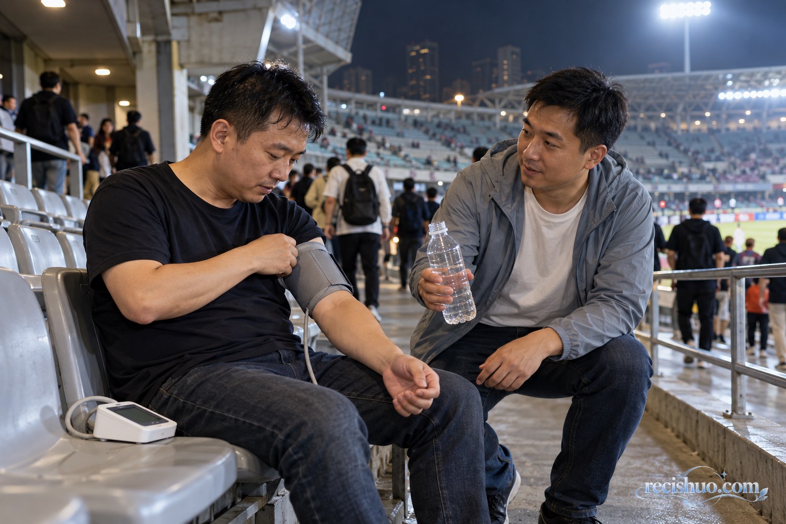 比赛散场后球迷在朋友陪伴下休息并准备重新测量血压