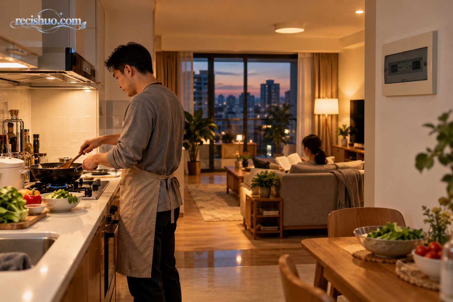 城市家庭在傍晚灯光下正常做饭和休息的生活场景