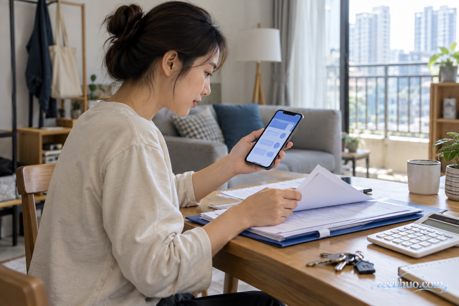 年轻租客在出租屋内用手机查询住房公积金办理流程