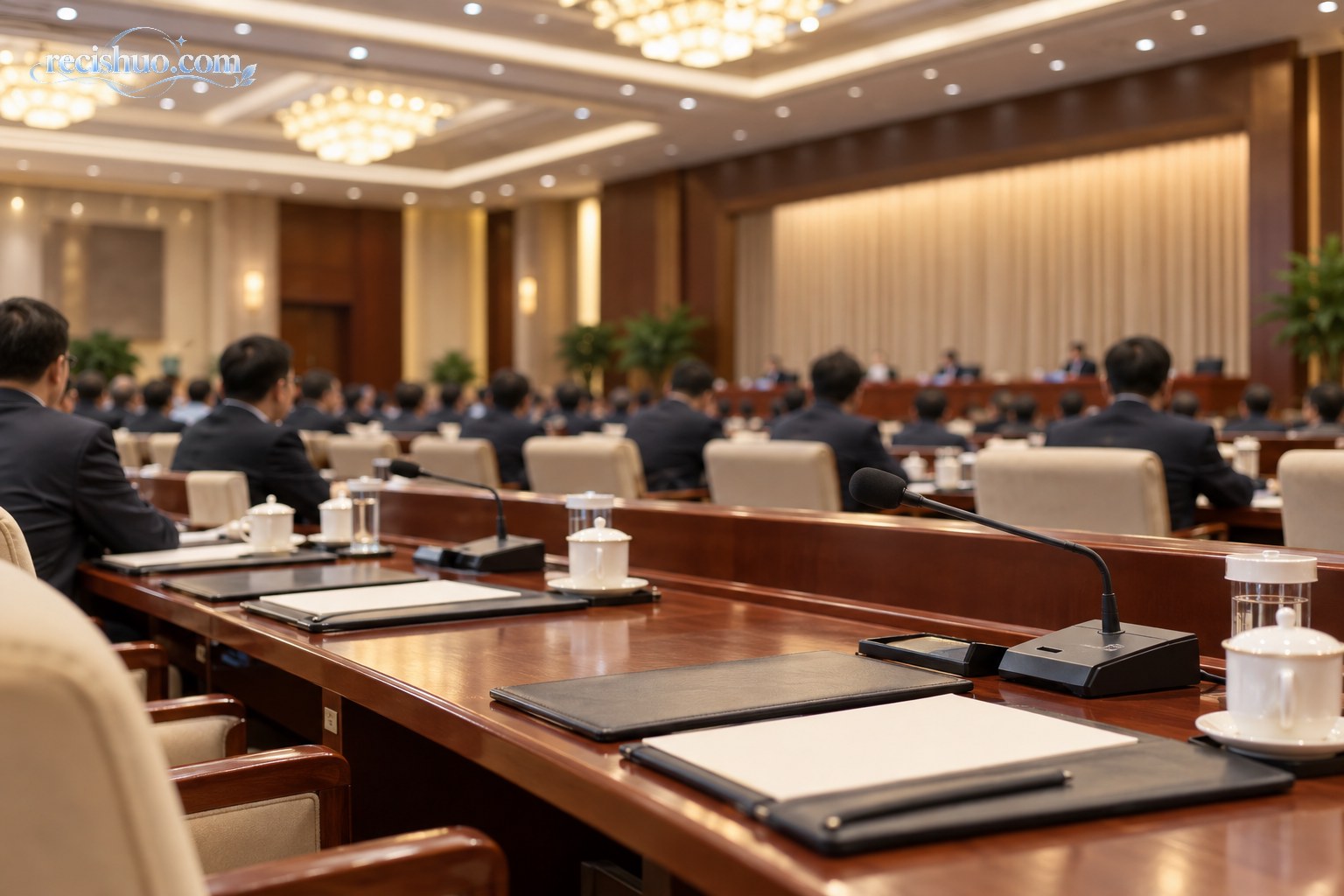 正式会议厅内整齐排列的话筒、文件夹和参会人员背影