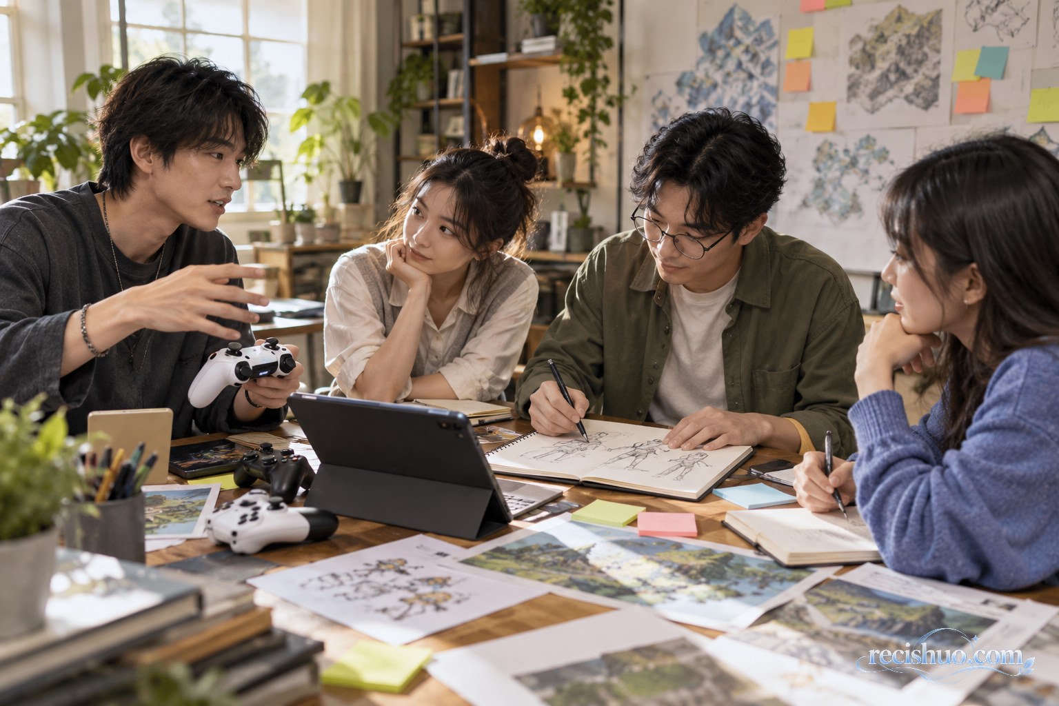 年轻玩家与内容创作者围桌交流游戏体验和创作想法