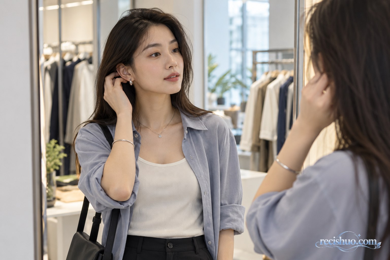 年轻消费者在服饰店镜前试戴银色耳环、项链和手镯