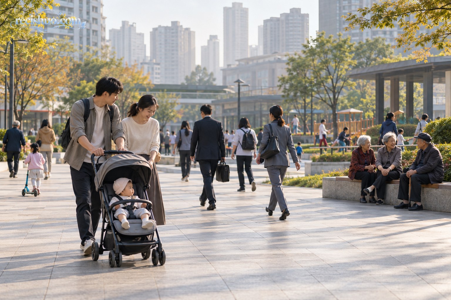 中国城市公共广场上年轻家庭、上班族与老年人共同活动的代际生活场景