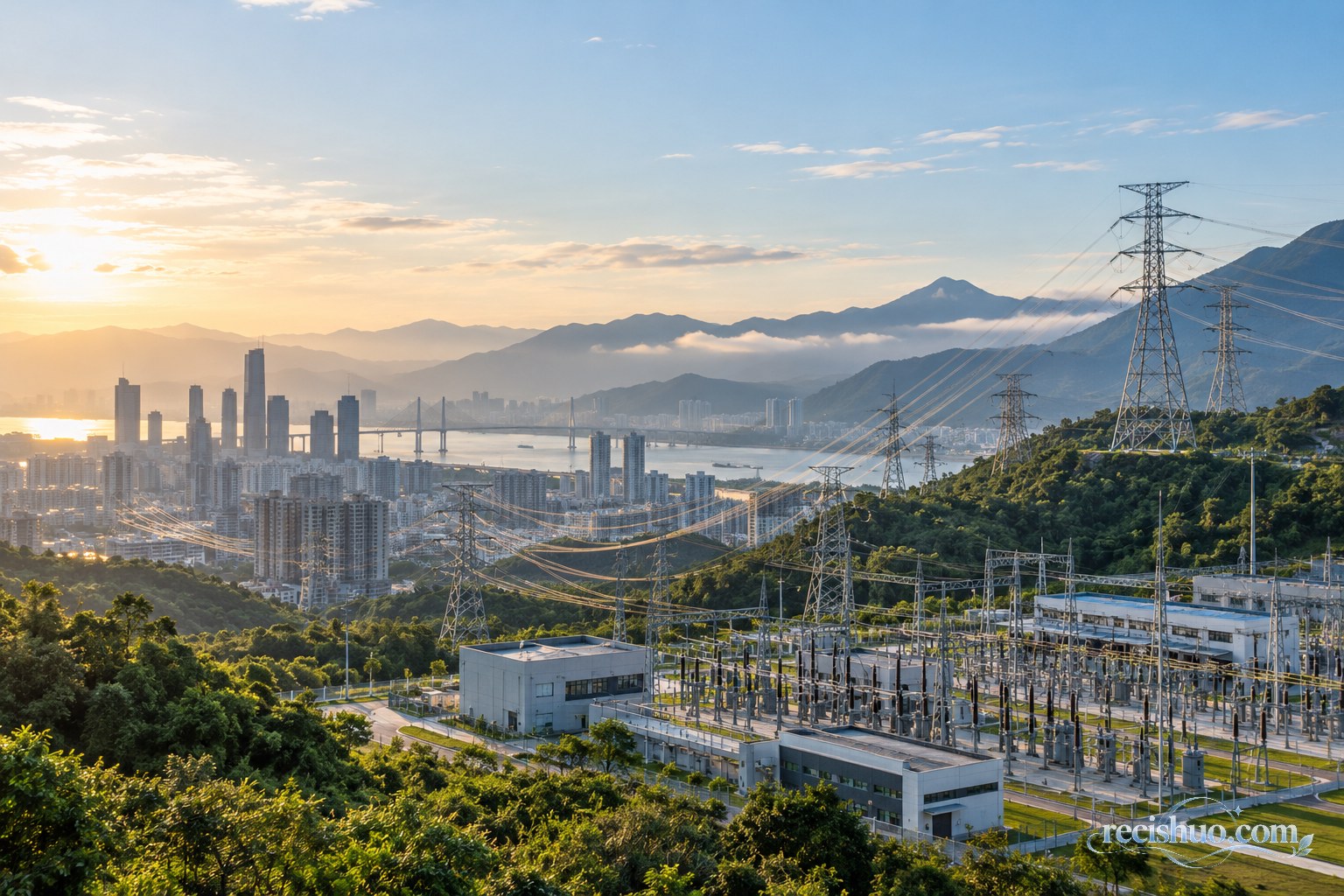 清晨阳光下连接南方城市与变电站的高压输电线路