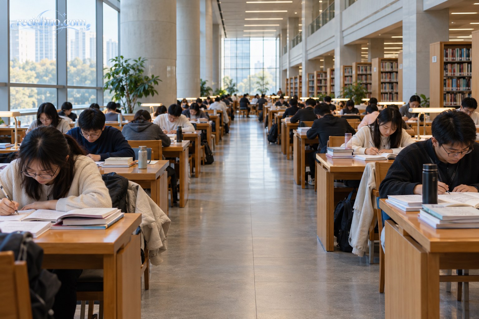 多名考生在现代图书馆内安静学习备考
