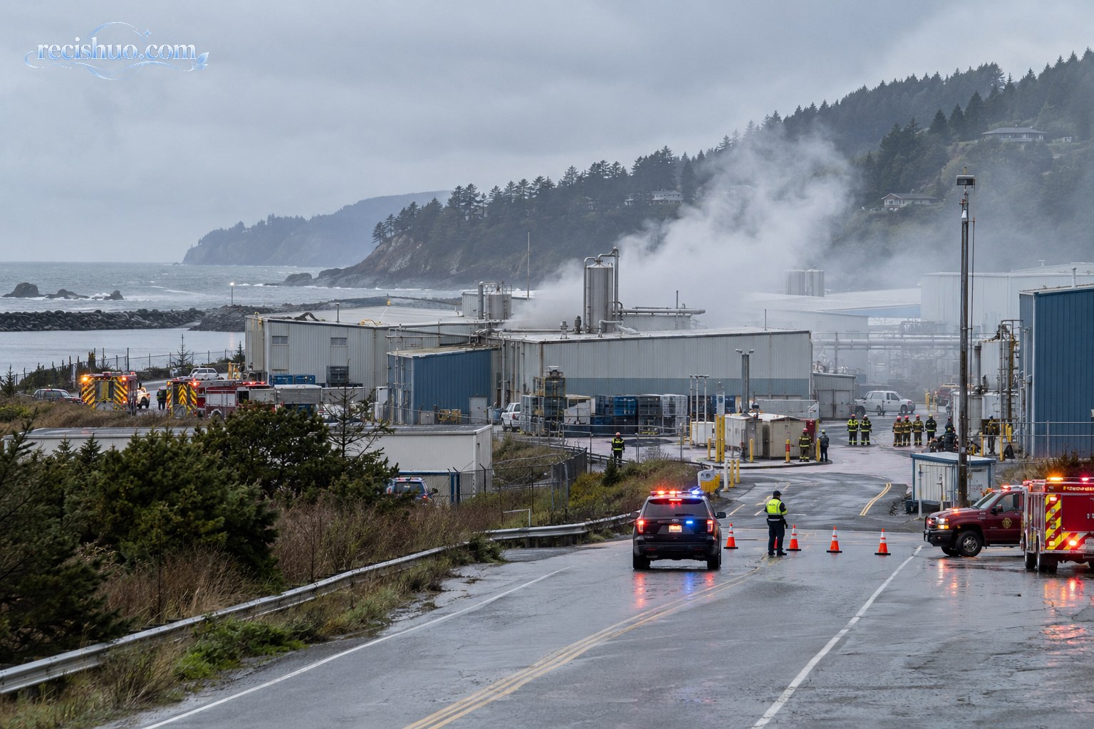 阴雨天气下沿海加工厂冒出烟雾,应急车辆在外围道路处置事故