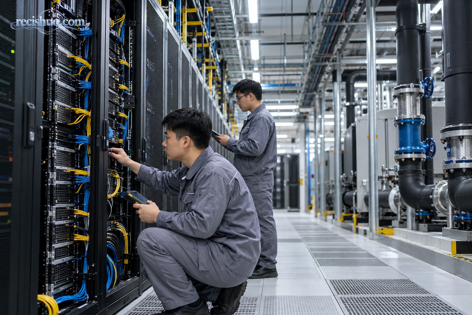 两名运维工程师在数据中心检查服务器机柜和冷却设施