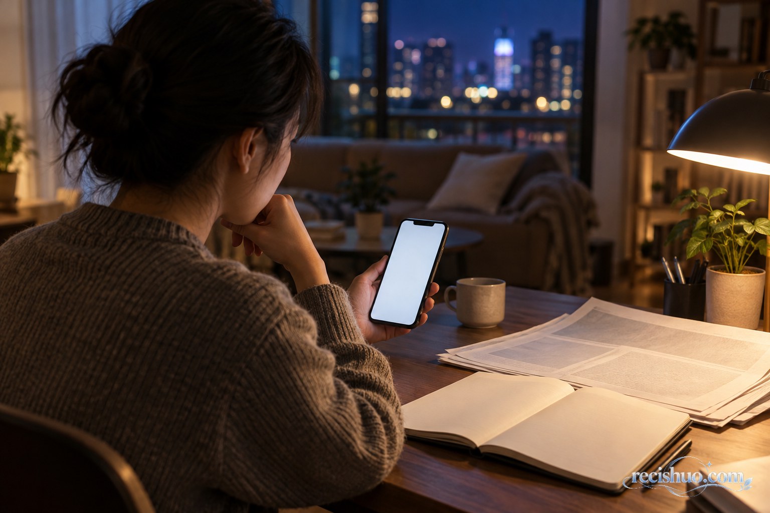 读者在夜间通过手机和纸质资料谨慎核验信息