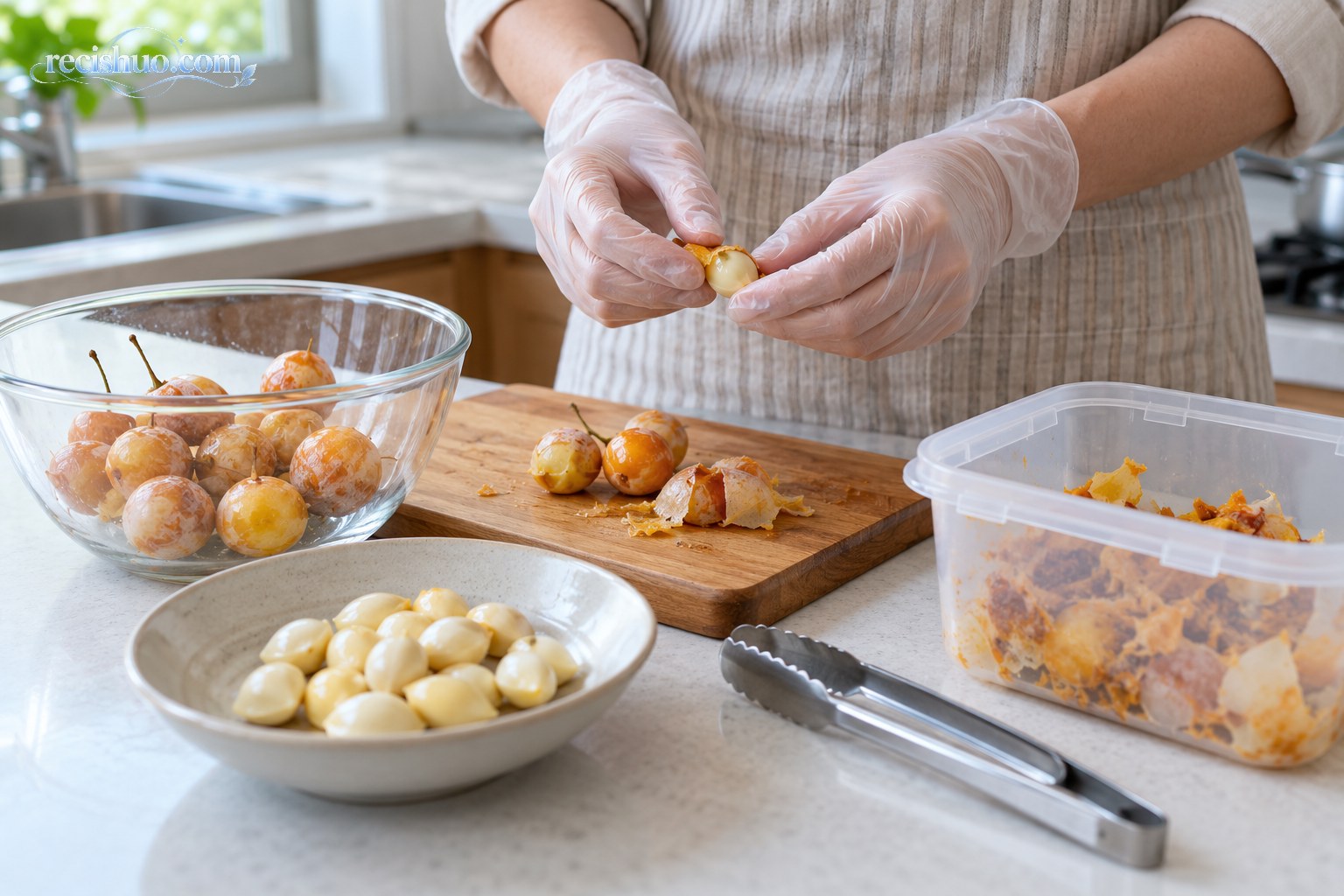 家庭厨房中,成年人戴手套将银杏果外种皮、种仁与厨余分开处理