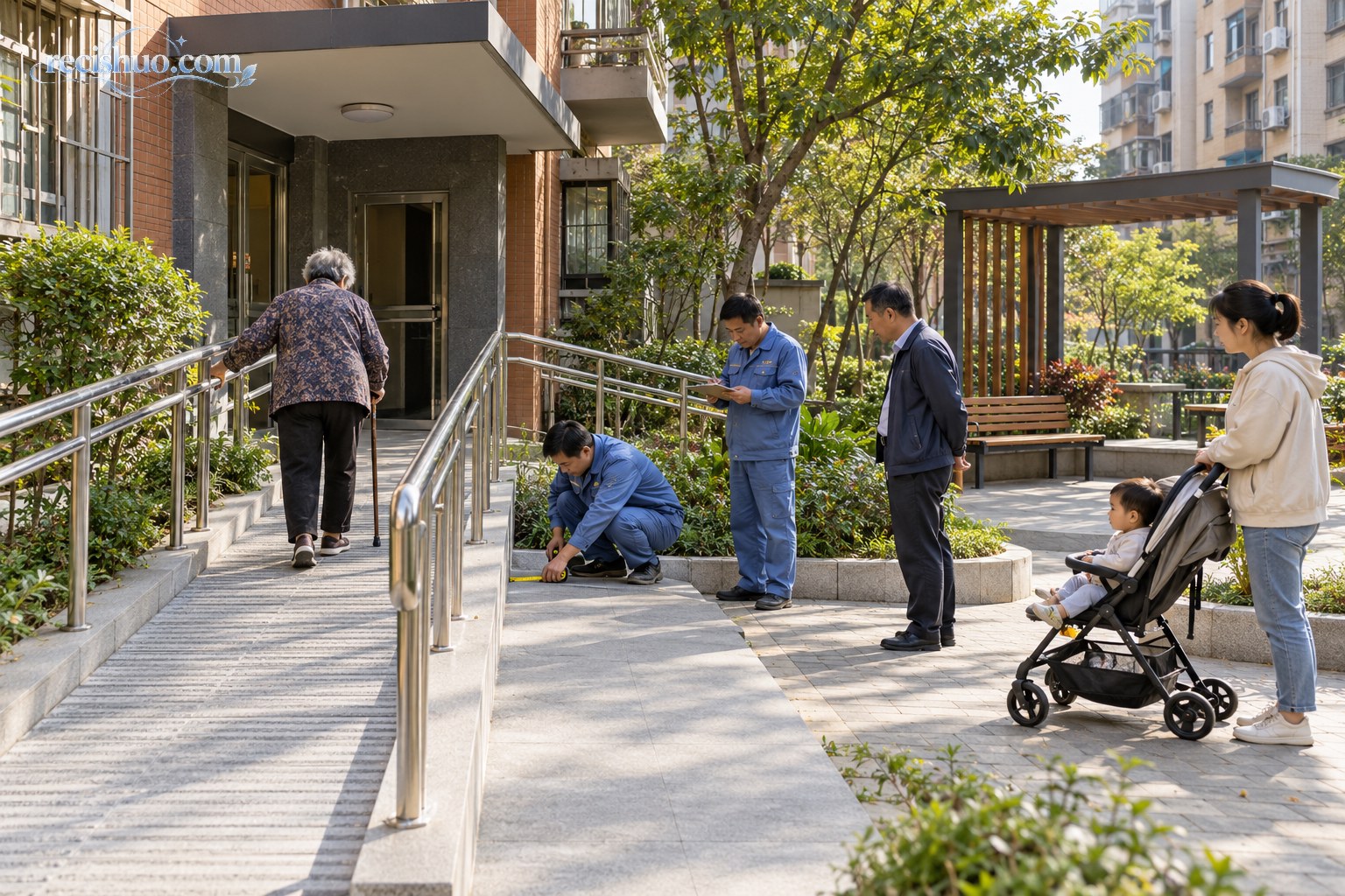 老旧小区无障碍通道完工后居民使用并由工作人员现场检查